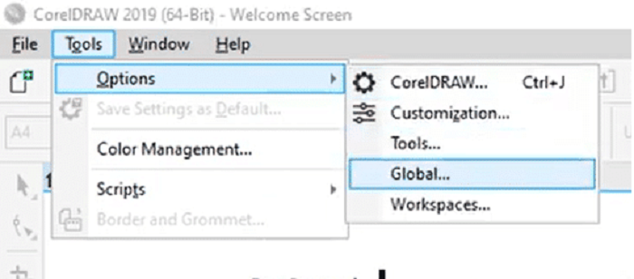 Mở phần mềm Corel lên vào menu Tool > Options > Global
