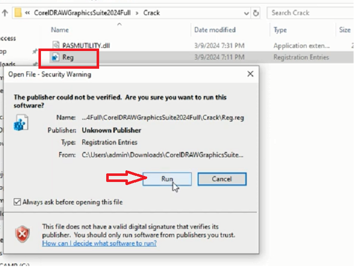 Chạy file Reg trước khi khởi động Corel 2024
